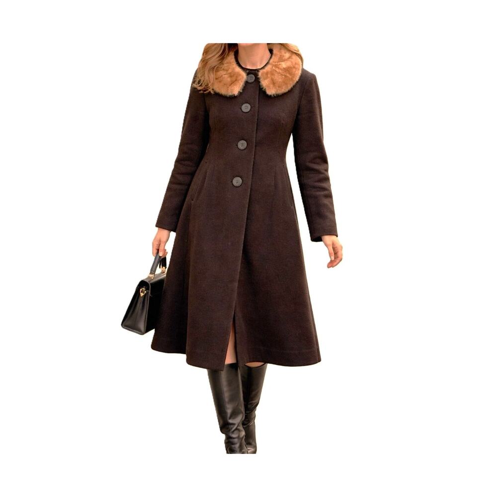 Vintage Wool Coat Womens Size M Falke Bros Mink Fur Collar 1950s 1960s Brown
